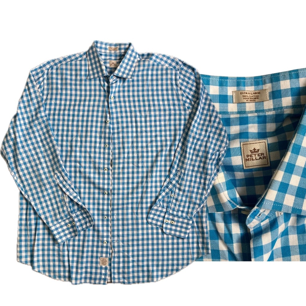 Peter Millar Shirt Mens XL Blue Gingham Plaid Long Sleeve Button Up